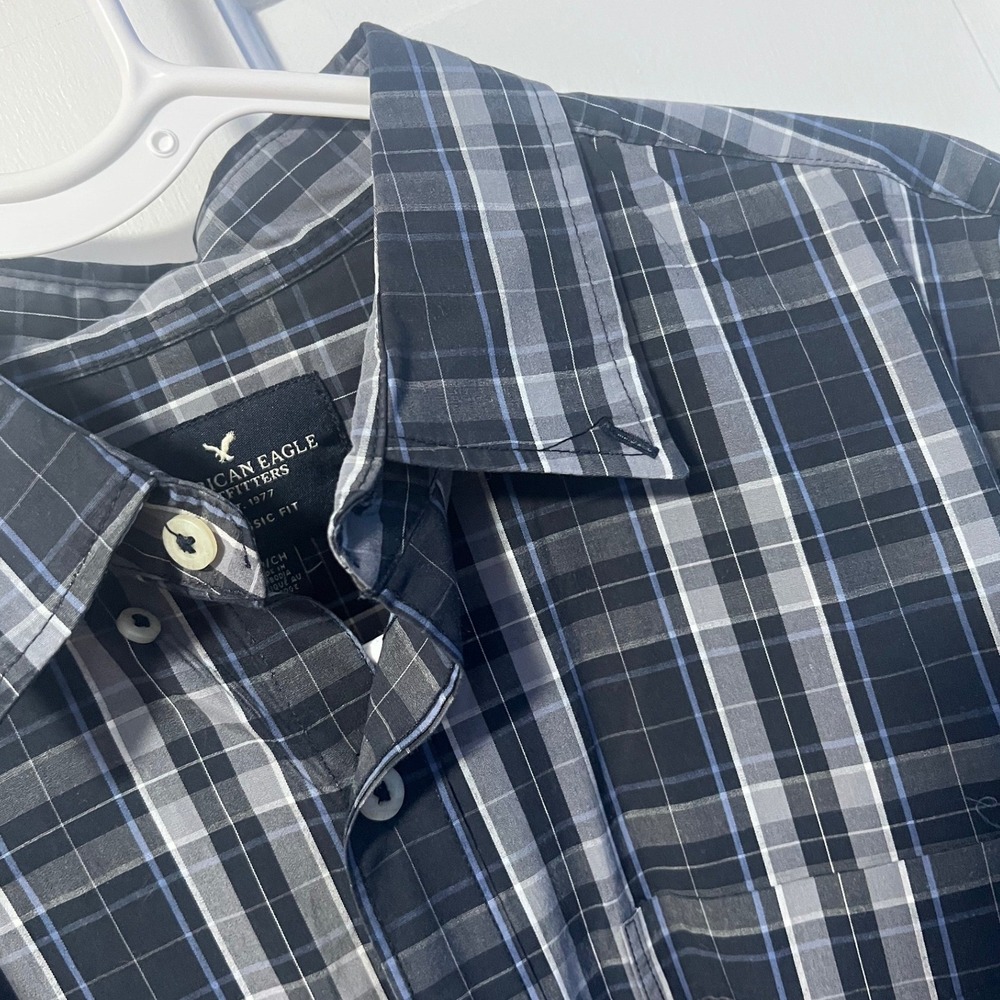 American Eagle‎ Plaid Shirt Mens S Black Classic Fit Stretch